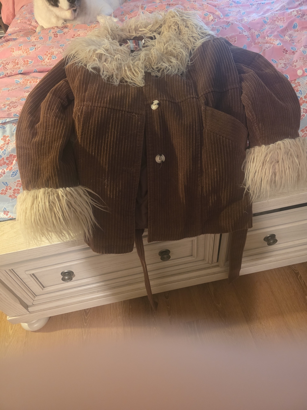 Urban Outfitters Brown Corduroy Corduroy Coat with Cream Faux Fur Trim SzXL